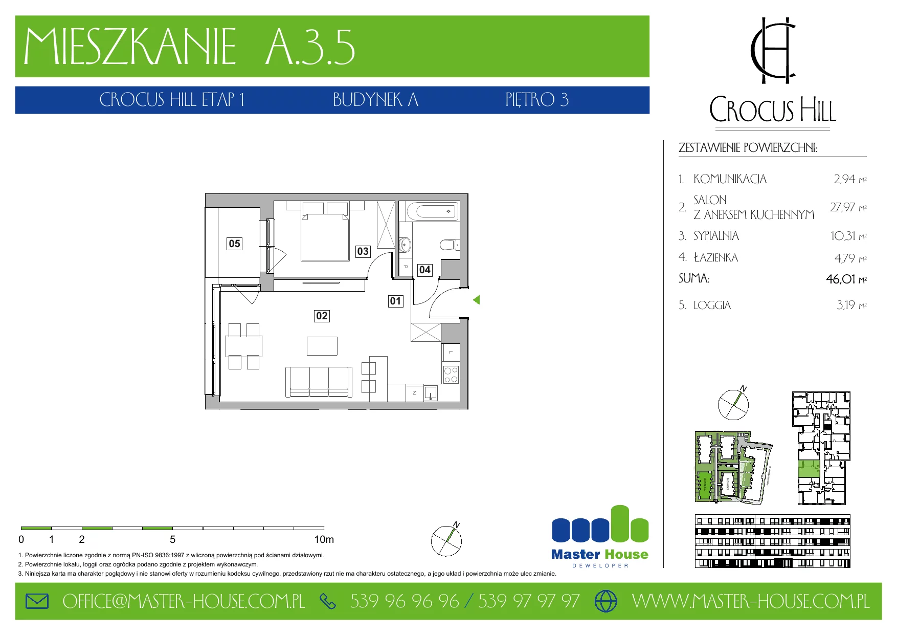 Mieszkanie 46,01 m², piętro 3, oferta nr A.3.5, Crocus Hill, Szczecin, Śródmieście, ul. Jerzego Janosika 2, 2A, 3, 3A